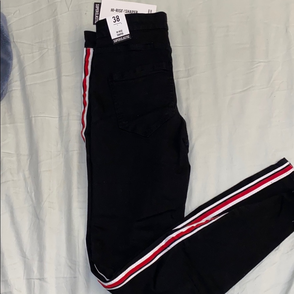 Zara Black Jeans w/ Red & White Stripe